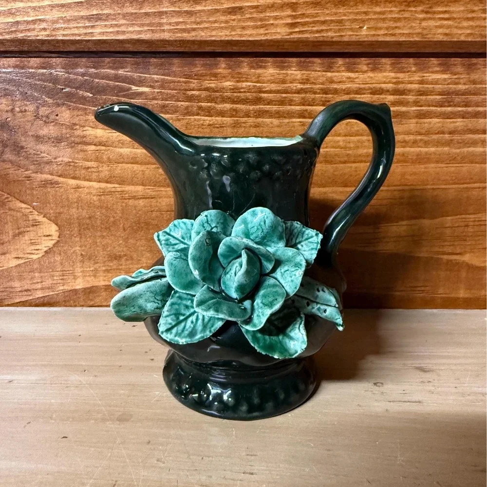 Majolica Creamer Pitcher | Green Cabbage Leaf Style | Pottery | Vintage